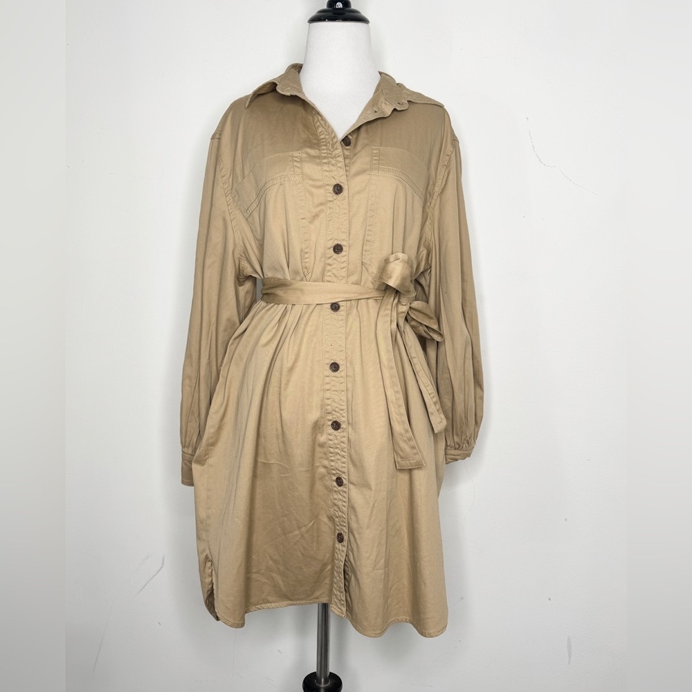 Banana Republic Petite Large Tan Button-Up Shirt Dress with Belt